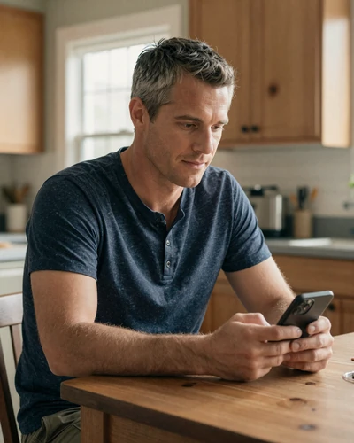 American man carefully reviewing a dating profile on his phone at home