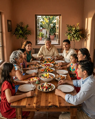 Multi-generational Latin American family sharing a meal at a warm dining table with traditional food