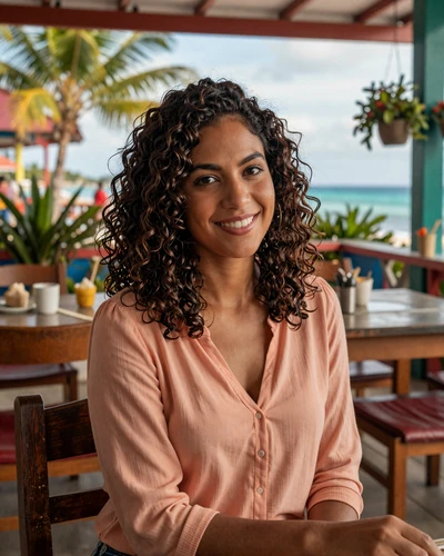 Belizean woman enjoying afternoon at a colorful Caribbean café with ocean view in Belize