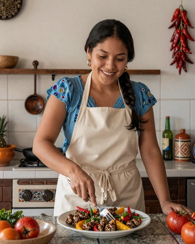 Mexican woman cooking traditional food in a warm kitchen setting