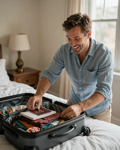 American man packing his suitcase for a trip to Latin America with passport and travel guide on bed