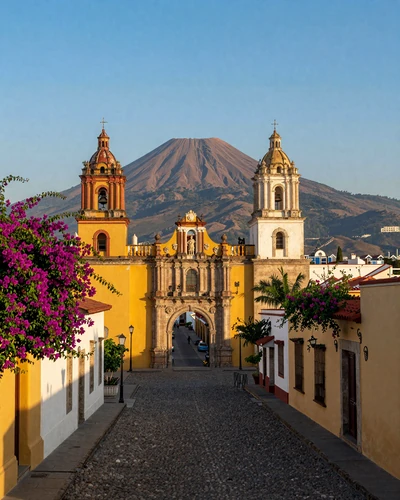Antigua Guatemala Santa Catalina Arch with colonial buildings and Agua Volcano in the background