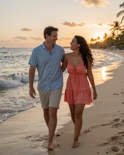 Happy American man and Belizean woman walking together on a Caribbean beach at sunset