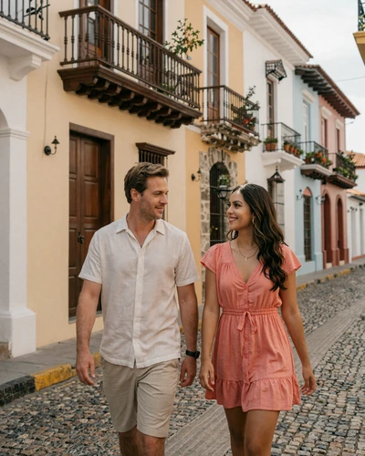 American man and Panamanian woman walking through colorful Casco Viejo streets in Panama City