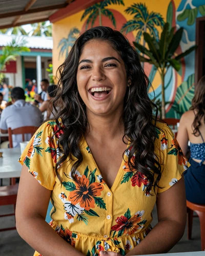 Dominican woman laughing joyfully at an outdoor Caribbean café surrounded by tropical plants
