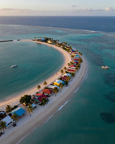 Aerial view of Ambergris Caye in San Pedro Belize with turquoise Caribbean waters and barrier reef