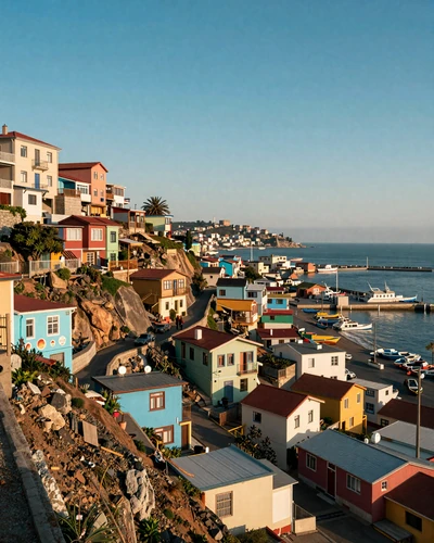 Colorful hillside houses and street art in Valparaíso Chile overlooking the Pacific Ocean harbor