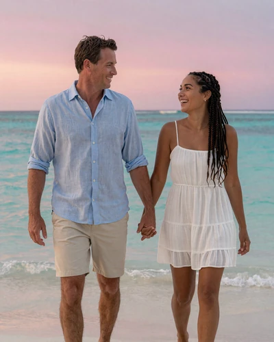 Happy American man and Bahamian woman walking hand in hand on a Bahamas beach at sunset