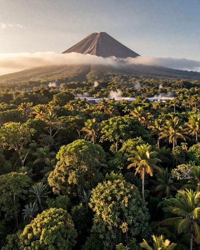 Arenal Volcano in Costa Rica with lush rainforest and hot springs steam at golden hour