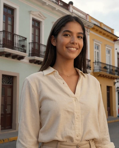 Elegant Panamanian woman standing in the historic Casco Viejo district of Panama City