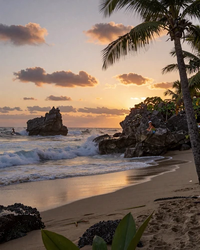 Beautiful El Tunco beach in El Salvador at sunset with dramatic rocky formations and Pacific Ocean waves