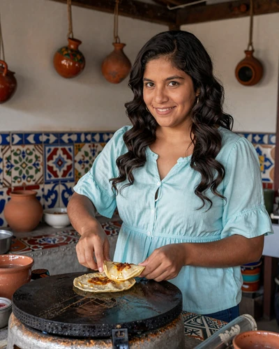 Salvadoran woman preparing traditional pupusas in a colorful Salvadoran kitchen with warm morning light