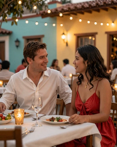 American man and Latina woman enjoying a romantic outdoor dinner at a Latin American restaurant with string lights