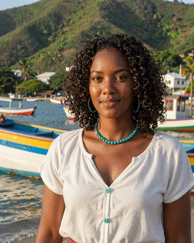 Vincentian woman smiling at Kingstown waterfront with colorful fishing boats and green volcanic hills