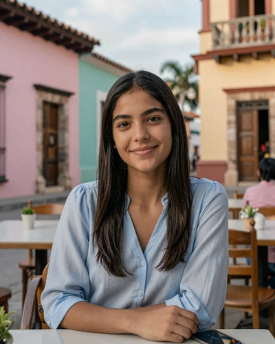 Nicaraguan woman enjoying coffee at an outdoor café in colonial Granada with colorful buildings