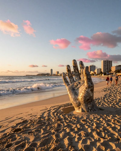Punta del Este beach at golden hour with the iconic La Mano hand sculpture on Playa Brava