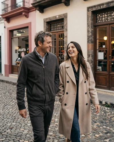 Happy American man and Argentinian woman walking together through the San Telmo neighborhood in Buenos Aires