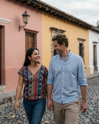 American man and Guatemalan woman walking together through the cobblestone streets of Antigua Guatemala