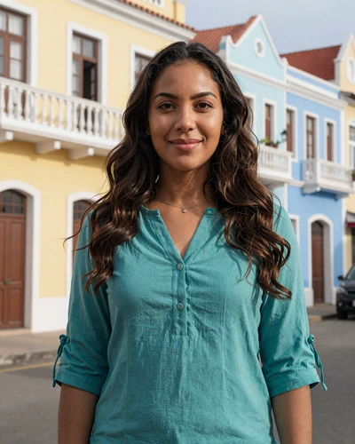 Elegant Dutch Antillean woman standing in front of the colorful Handelskade waterfront buildings in Willemstad Curaçao