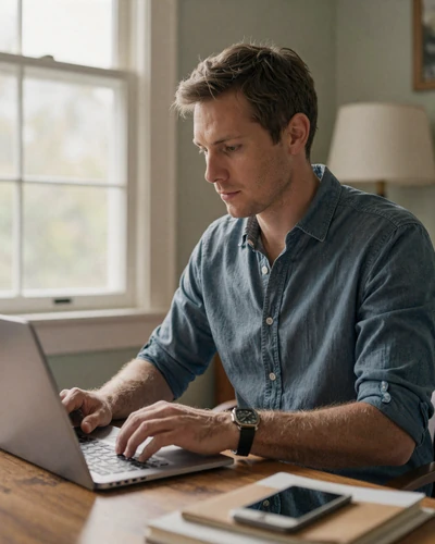 American man researching Latin dating sites on his laptop at home
