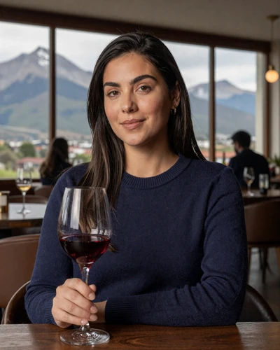 Sophisticated Chilean woman enjoying wine at a modern Santiago bar with Andes mountain views