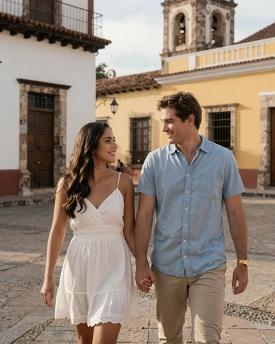 Happy American man and Honduran woman holding hands walking through a colonial town square