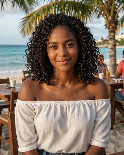 Beautiful Jamaican woman smiling at a Caribbean beach café with turquoise waters behind her