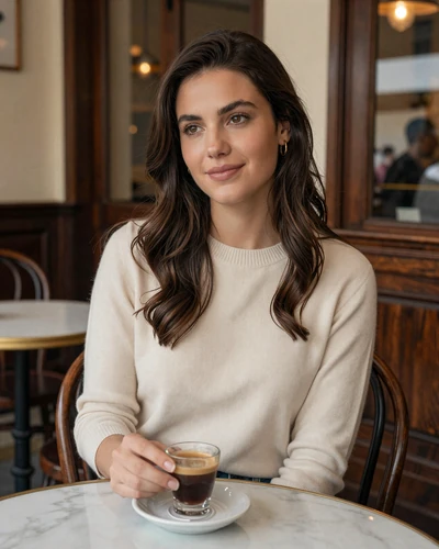 Elegant Argentinian woman enjoying espresso at a classic Buenos Aires café