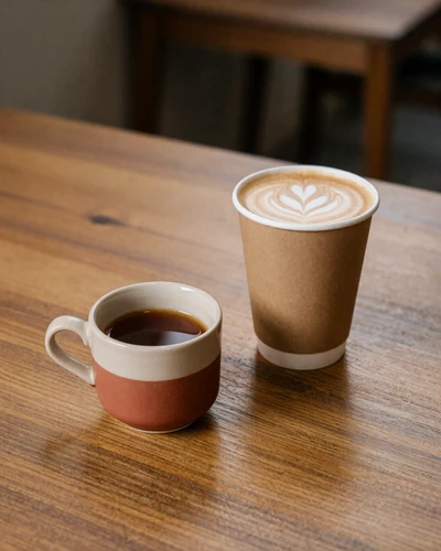Two coffee cups representing Latin and American dating cultures side by side on a warm cafe table