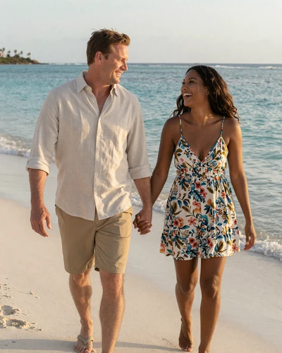 Happy American man and Barbadian woman walking hand in hand along a beautiful Barbados beach at golden hour