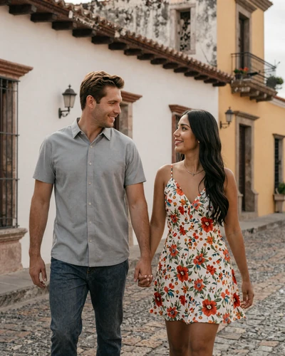 American man and Mexican woman walking hand in hand through a colonial Mexican street