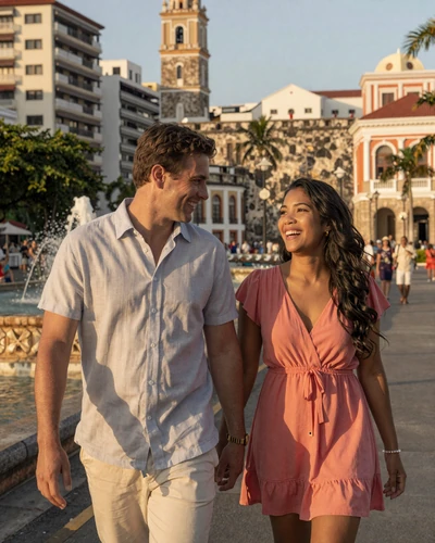 American man and Puerto Rican woman laughing together on the Paseo de la Princesa promenade in Old San Juan