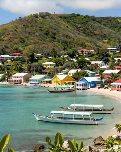 Bequia harbor in the Grenadines with colorful waterfront buildings sailboats and lush green tropical hills