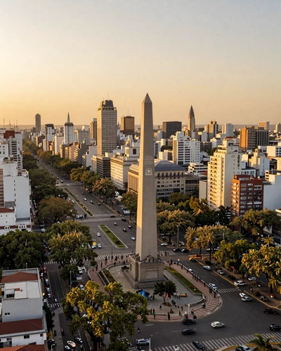 Buenos Aires skyline at golden hour with the Obelisk monument and tree-lined boulevards