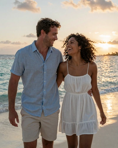 Happy American man and Vincentian woman laughing together walking on a Caribbean beach at sunset
