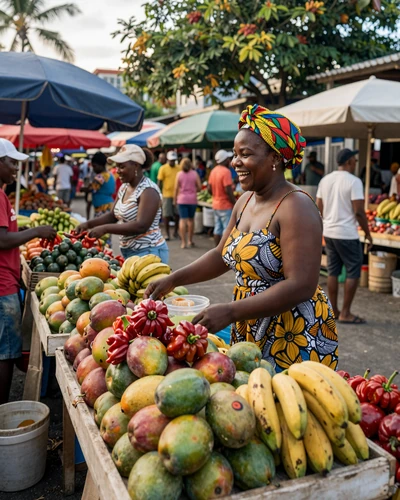 Vibrant Jamaican street market with colorful fruit stalls and warm community atmosphere