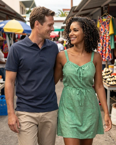 Happy American man and Haitian woman walking together through a colorful Caribbean market