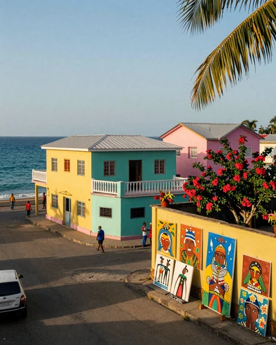 Colorful Jacmel Haiti waterfront with vibrant painted buildings and Haitian art displayed on the street