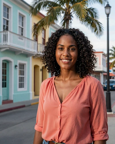 Bahamian woman smiling on Bay Street Nassau with colorful colonial buildings