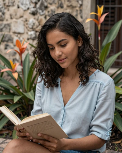 Cuban woman reading a book in a lush Havana garden surrounded by tropical flowers