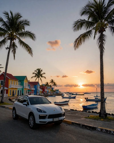 Colorful Creole colonial buildings along the Cayenne waterfront at sunset in French Guiana