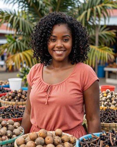 Grenadian woman smiling warmly at a colorful spice market in Grenada with nutmeg and cinnamon displays