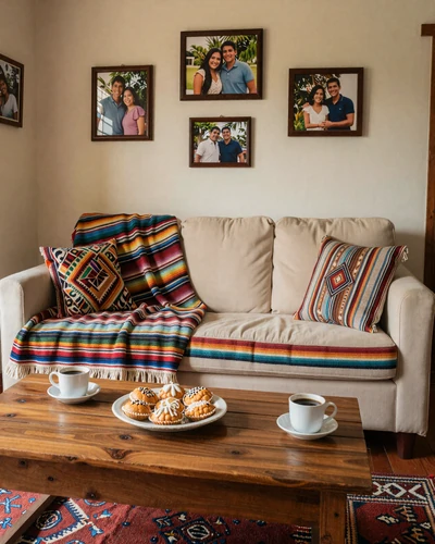 Warm Latin American living room with family photos and traditional treats ready for a family gathering